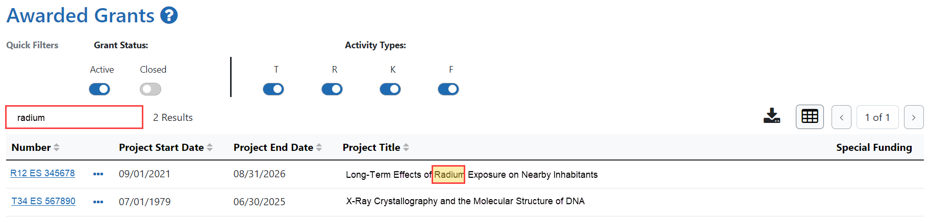 Filter Table field filtering for radium